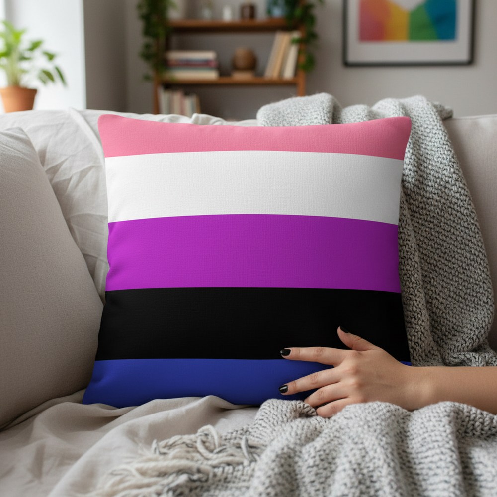 A hand with black nail polish touches a Genderfluid Premium Pillow, striped pink, white, purple, black