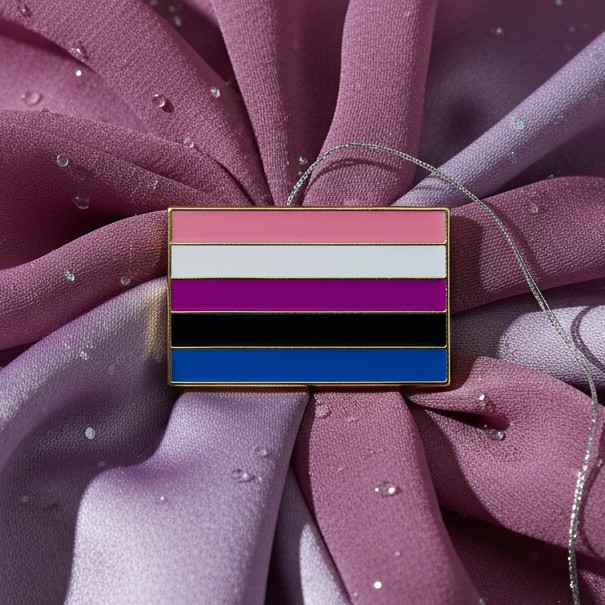 Genderfluid pride enamel pin with pink, white, purple, black, and blue stripes on purple fabric