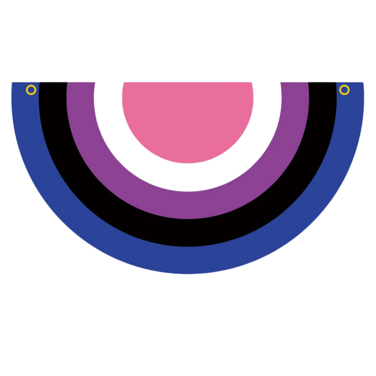 Close-up of a genderfluid pride bunting flag with blue, black, purple, white, and pink arcs