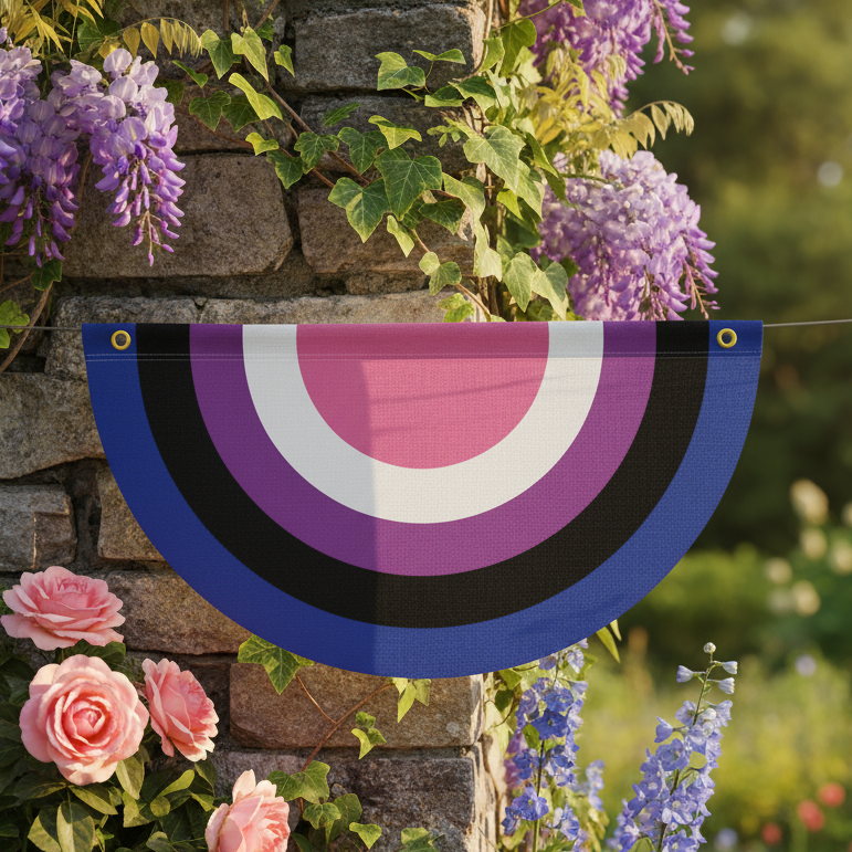 Genderfluid pride bunting with concentric blue, black, purple, white, and pink bands on a garden wall