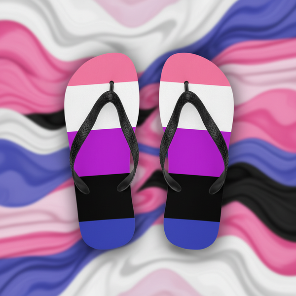 Genderfluid Pride flip-flops with pink, white, purple, black, and blue stripes chill on a bold wavy background