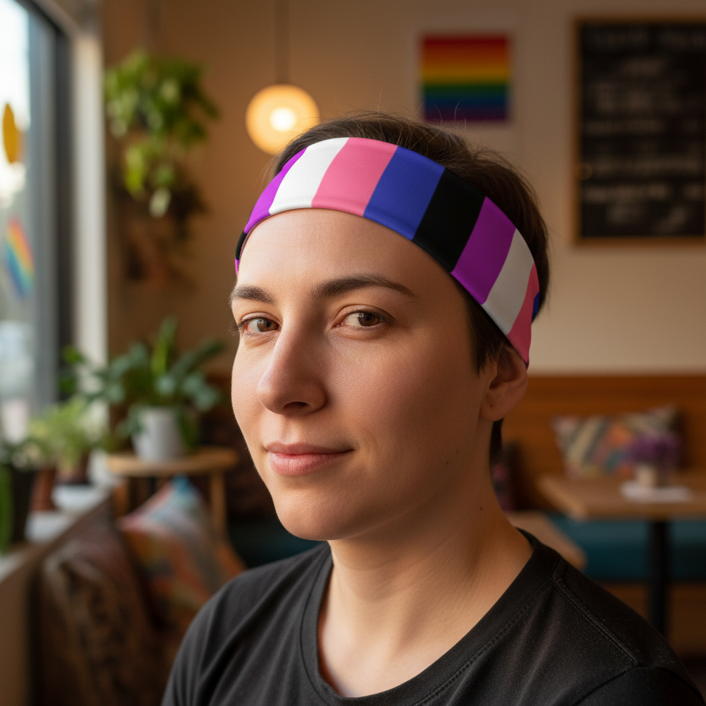 Genderfluid Pride Headband on a short-haired person