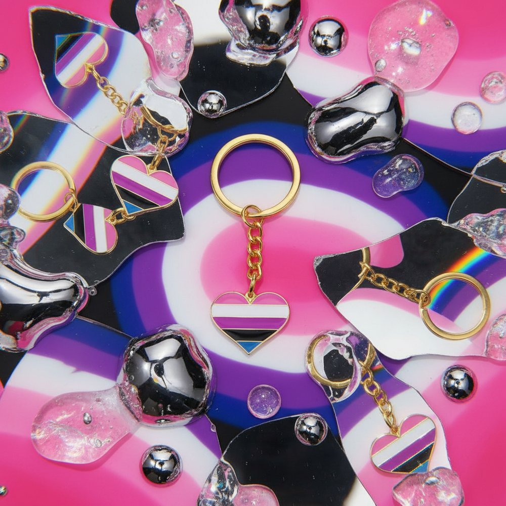 Genderfluid pride heart keychain with pink, white, purple, blue and black stripes