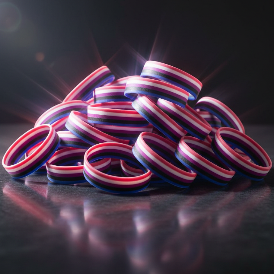 Pile of striped pink, white, purple, black, and blue rubber wristbands on a reflective surface