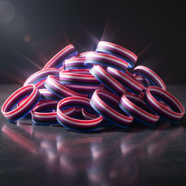 Pile of striped pink, white, purple, black, and blue rubber wristbands on a reflective surface