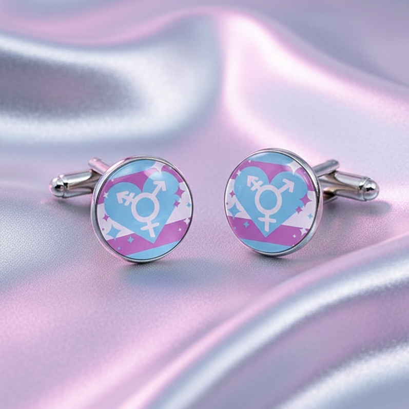 Genderfluid Pride Cufflinks on iridescent satin, featuring transgender-pride heart with symbols and stars