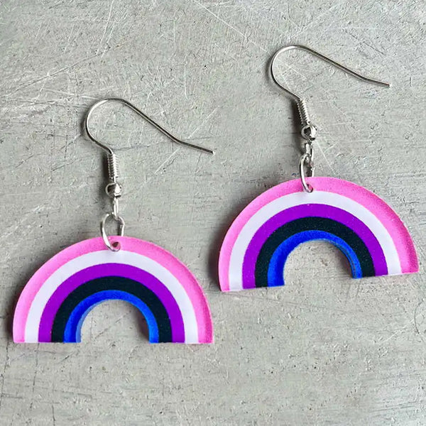 Pair of acrylic rainbow-arch dangle earrings with pink, white, purple, black, and blue bands