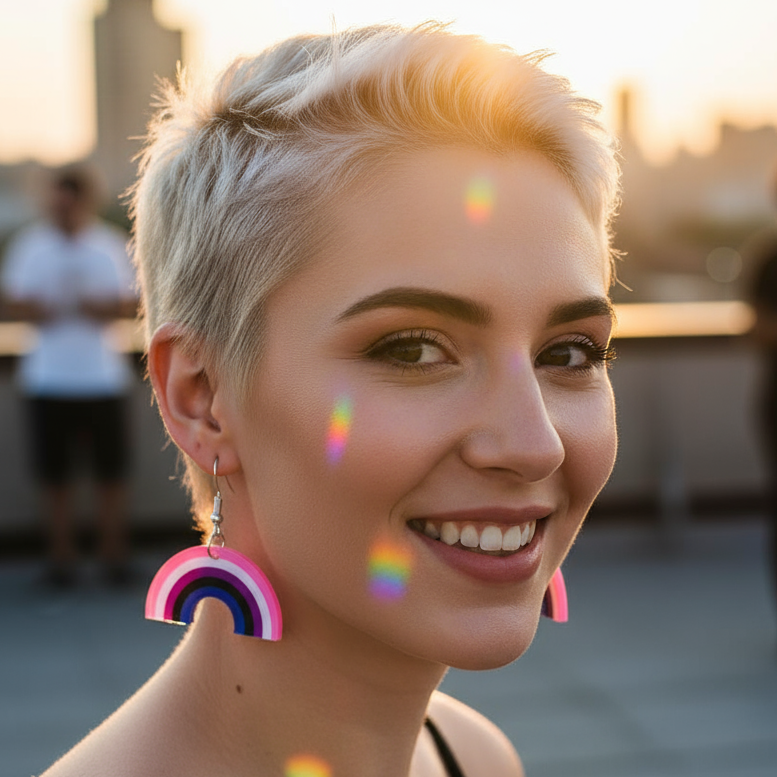 Close-up portrait of a smiling person wearing bright rainbow arch dangle earrings