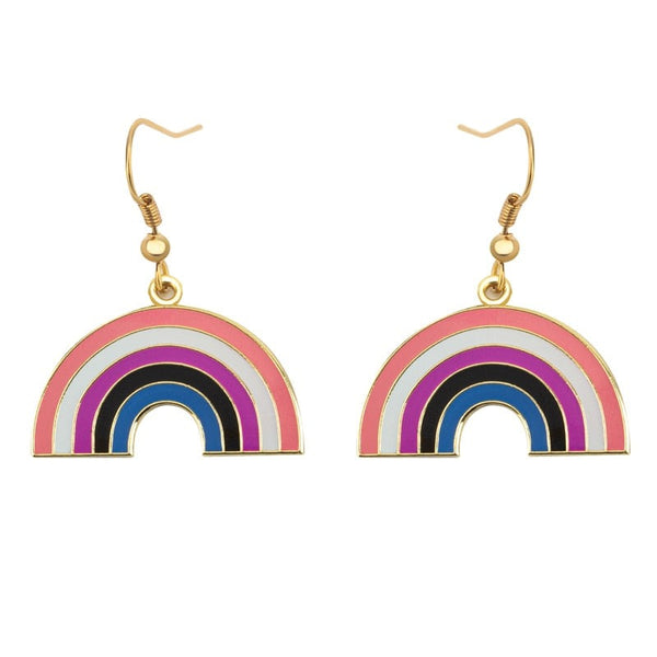 Pair of gold-tone rainbow arch earrings with pink, white, purple, black, and blue stripes