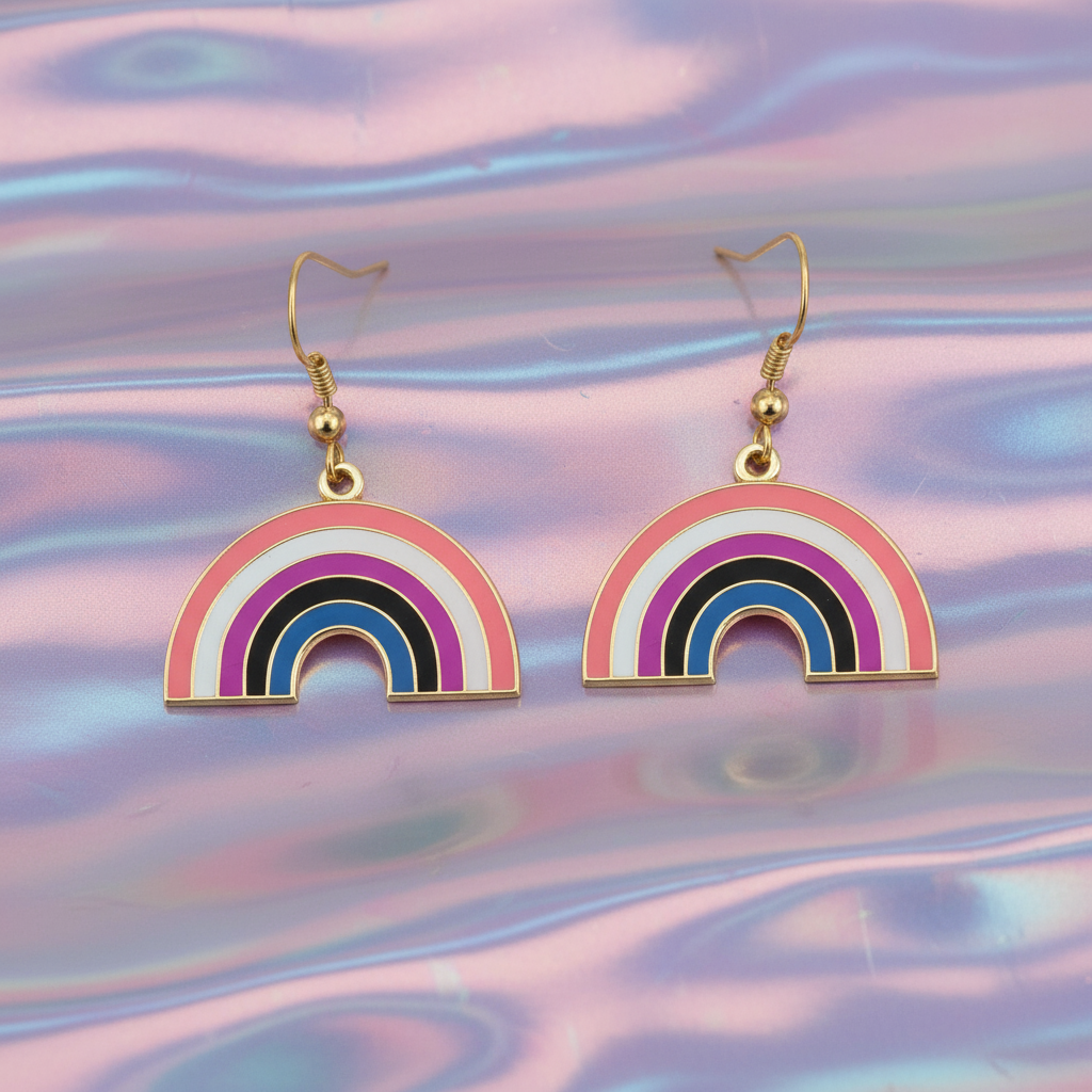Pair of gold-edged rainbow arch drop earrings on an iridescent pastel background