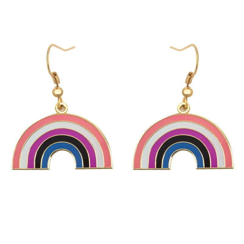 Pair of gold-tone rainbow arch earrings with pink, white, purple, black, and blue stripes