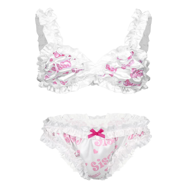 White satin lace bralette and matching ruffled briefs with pink print and bows