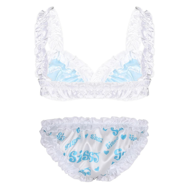 White satin ruffled bralette and matching panties with blue “Sissy” print