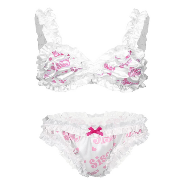 White satin lace bralette and matching ruffled briefs with pink print and bows