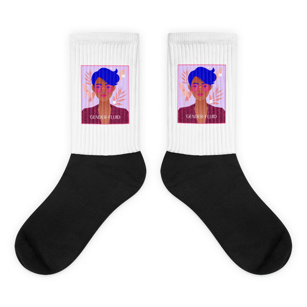 Pair of black-and-white crew socks with colorful gender-fluid portrait panels