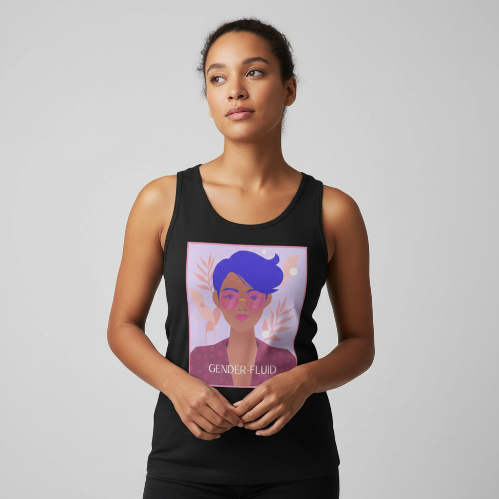 Gender-Fluid Unisex Tank Top shows a blue-haired, glasses-wearing figure amid plants with "GENDER-FLUID" below; person looks
