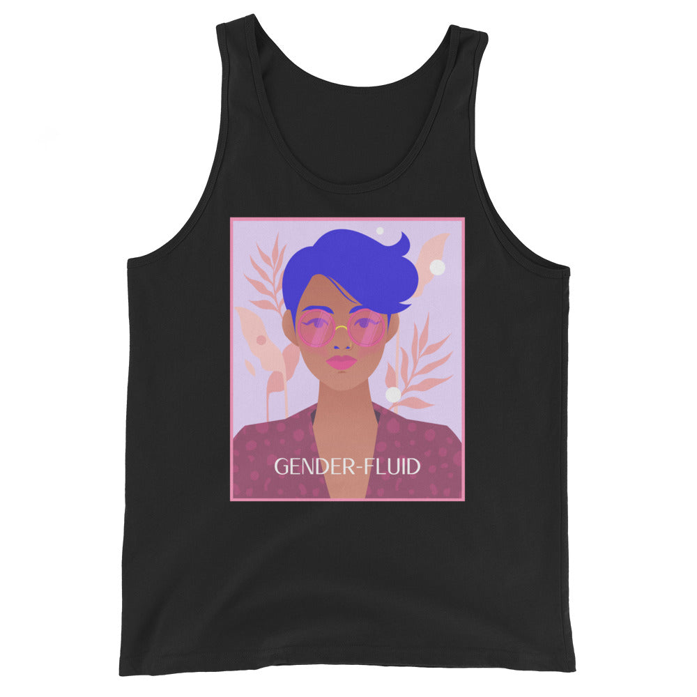 Gender-Fluid Unisex Tank Top features a bold portrait with blue hair, pink shades, abstract leaves