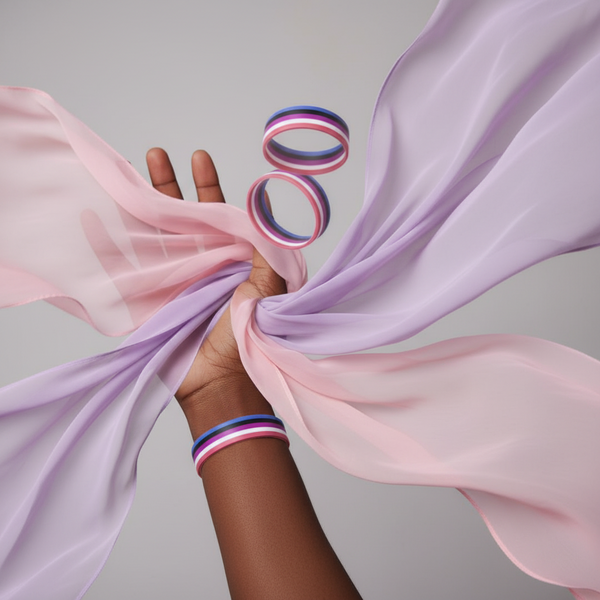Genderfluid Pride rubber wristbands in blue, pink, white, and purple, with one worn on a wrist