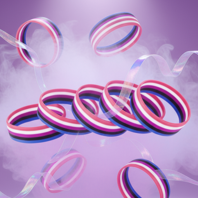 Genderfluid pride rubber wristbands floating against a lavender background with translucent ribbon