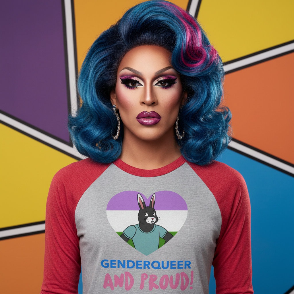 Genderqueer And Proud 3/4 sleeve raglan, white with colorful sleeves, cartoon bunny, genderqueer flag heart