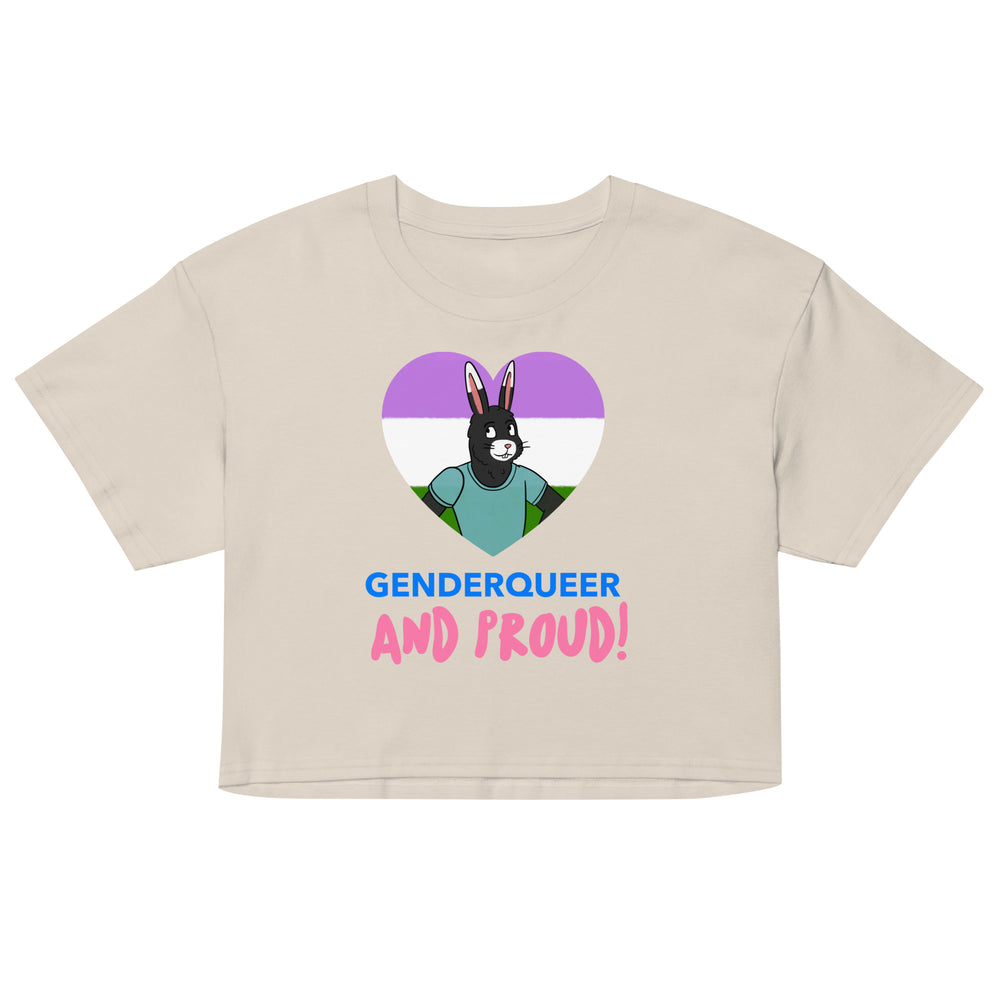 Front view of a beige crop top reading “GENDERQUEER AND PROUD!” with a bunny in a pride-colored heart