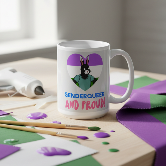 White mug with a bunny heart graphic and “GENDERQUEER AND PROUD!” text