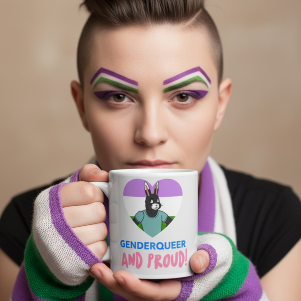 Person holding a mug reading “GENDERQUEER AND PROUD!” with a bunny in a purple heart