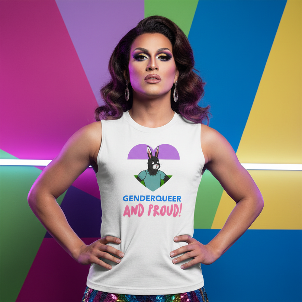 Genderqueer And Proud muscle top with cartoon animal, genderqueer flag