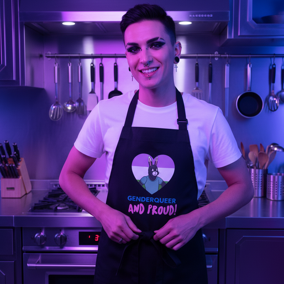 Person tying a black apron printed with a heart and “GENDERQUEER AND PROUD!” in a kitchen