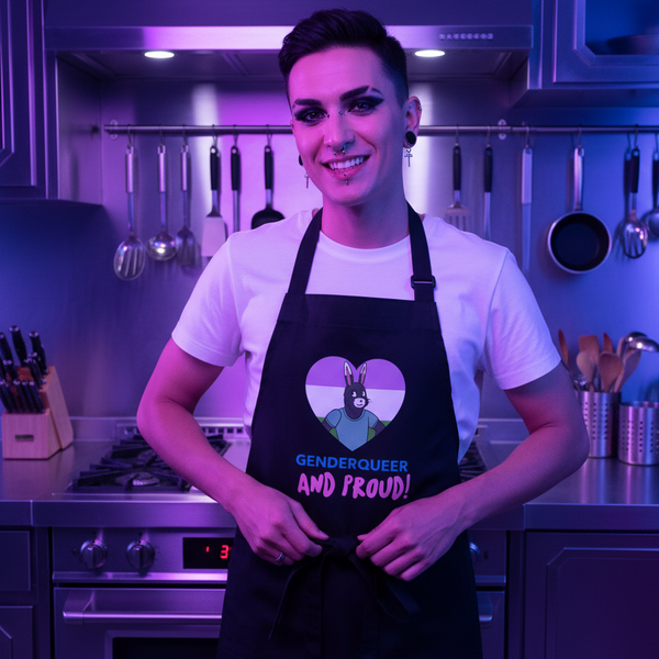 Person tying a black apron printed with a heart and “GENDERQUEER AND PROUD!” in a kitchen