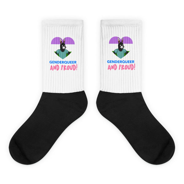 Pair of black-and-white socks with a genderqueer rabbit graphic and “GENDERQUEER AND PROUD!” text