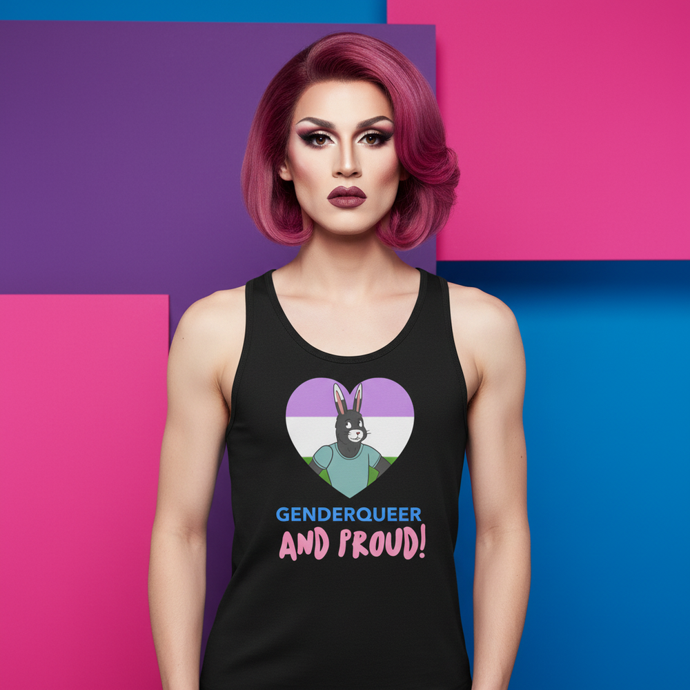 Front-facing model wearing a black tank top reading “GENDERQUEER AND PROUD!” with a rabbit heart graphic