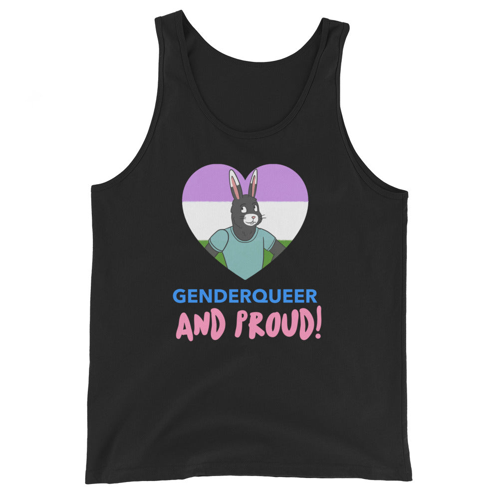 Unisex tank top with a cartoon armored rabbit in a heart of genderqueer flag colors