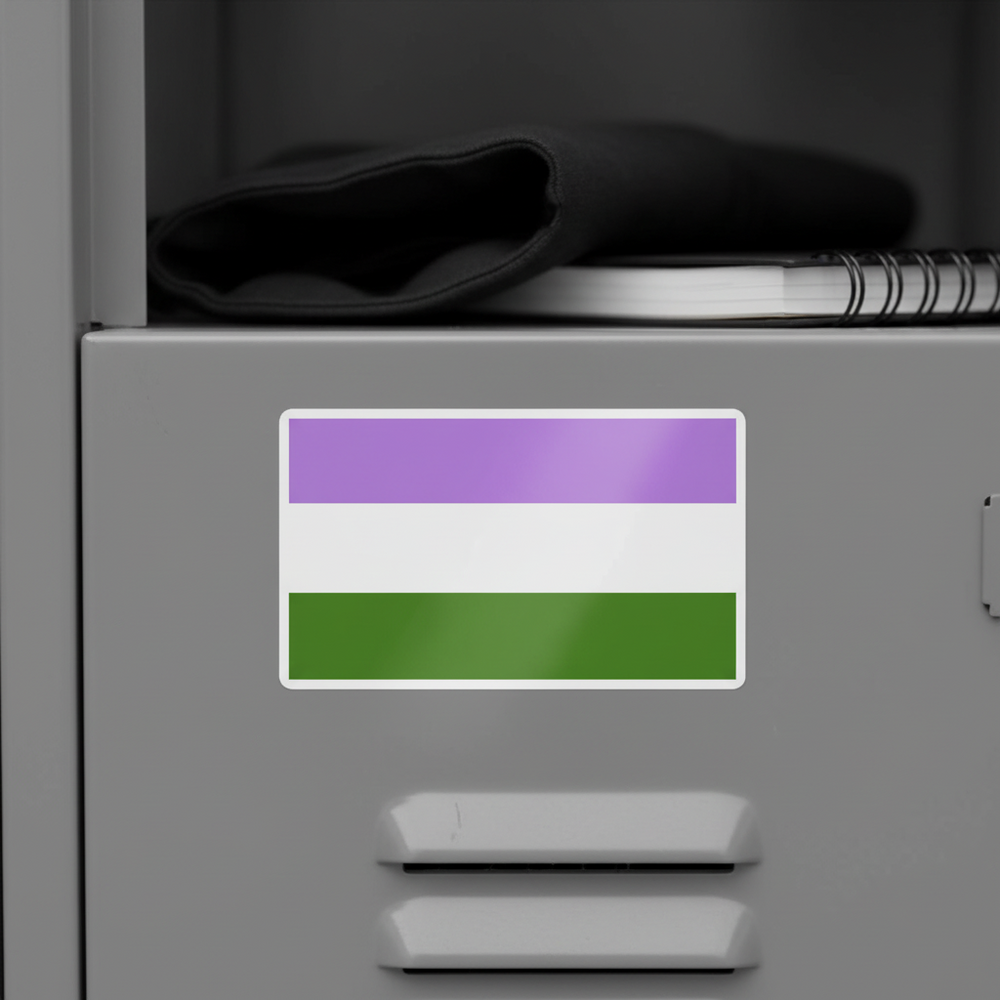 Genderqueer Bubble-Free Sticker with purple, white, and green stripes on a gray locker