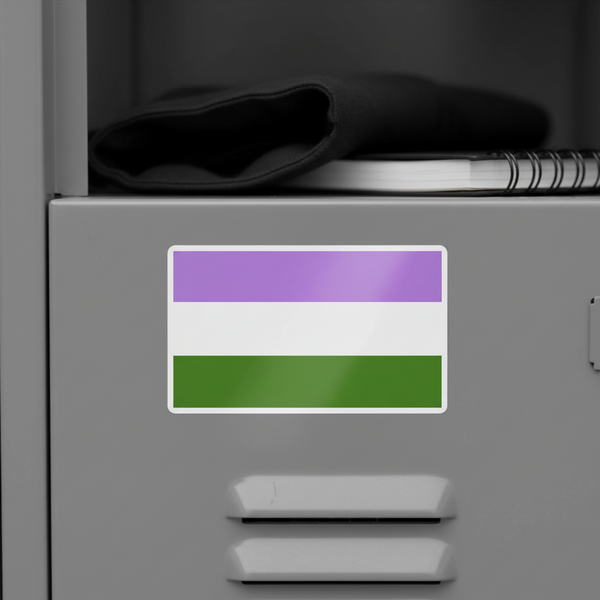 Genderqueer Bubble-Free Sticker with purple, white, and green stripes on a gray locker