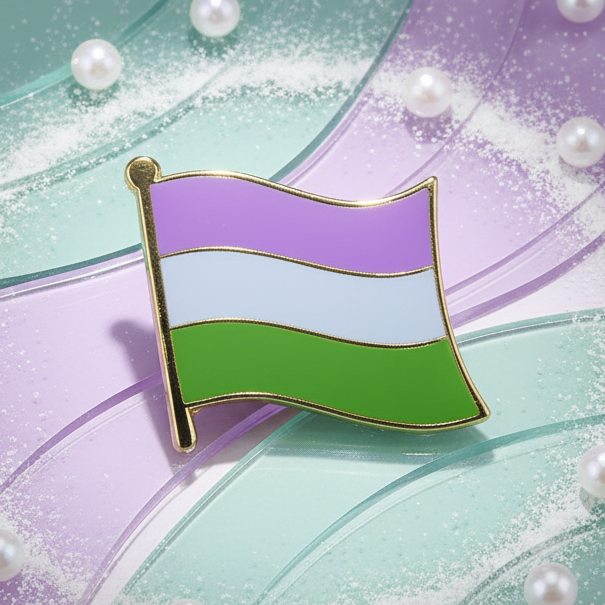 Close-up of a genderqueer flag enamel pin with purple, white and green stripes