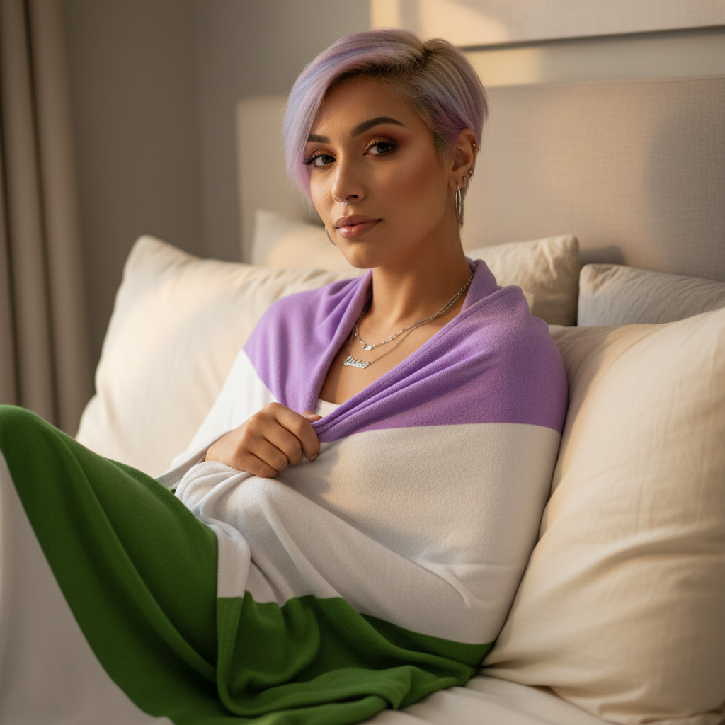 Genderqueer Flag Throw Blanket with green, white, and purple stripes wraps a pastel-purple-haired person