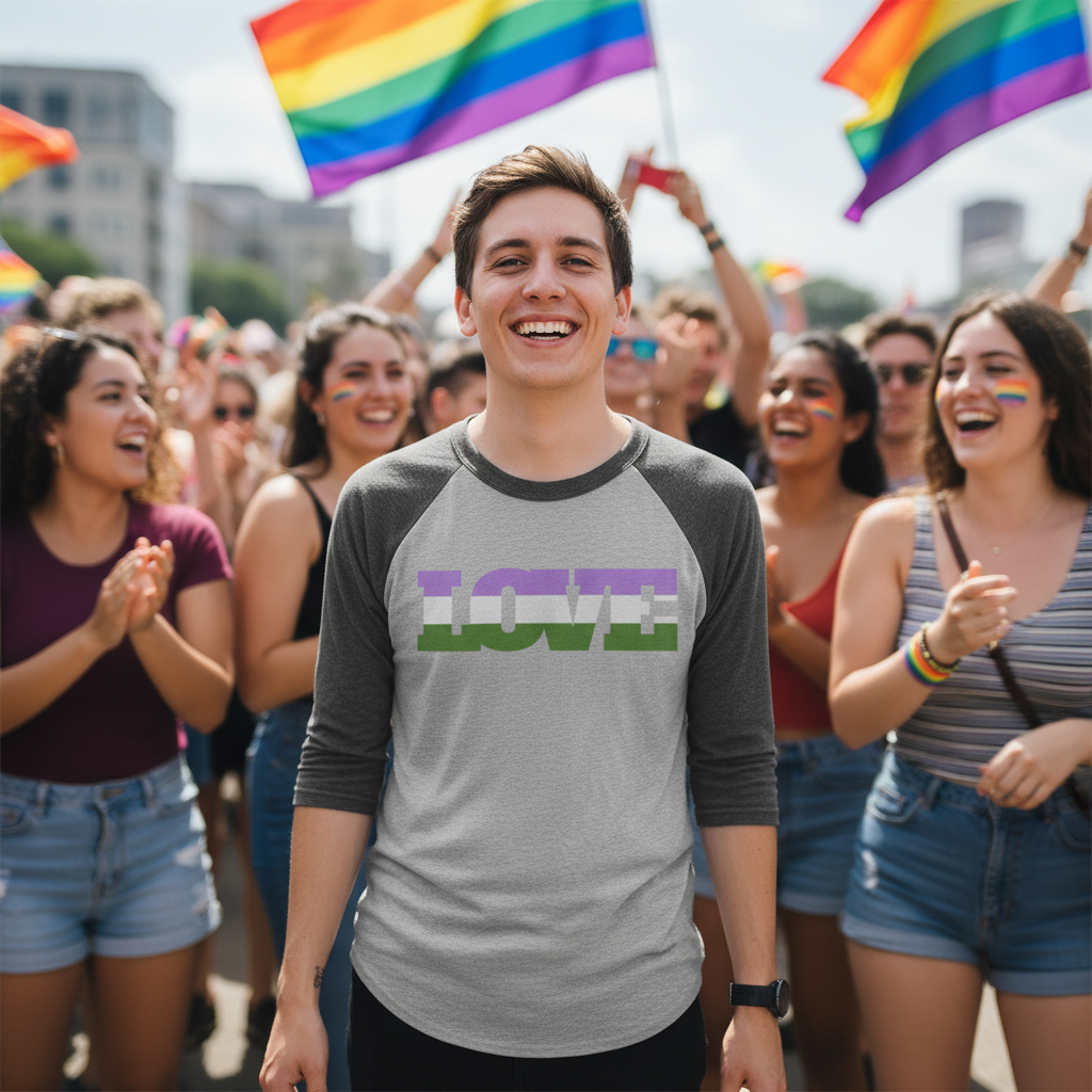 Genderqueer Love 3/4 sleeve raglan shirt worn by a smiling person at Pride