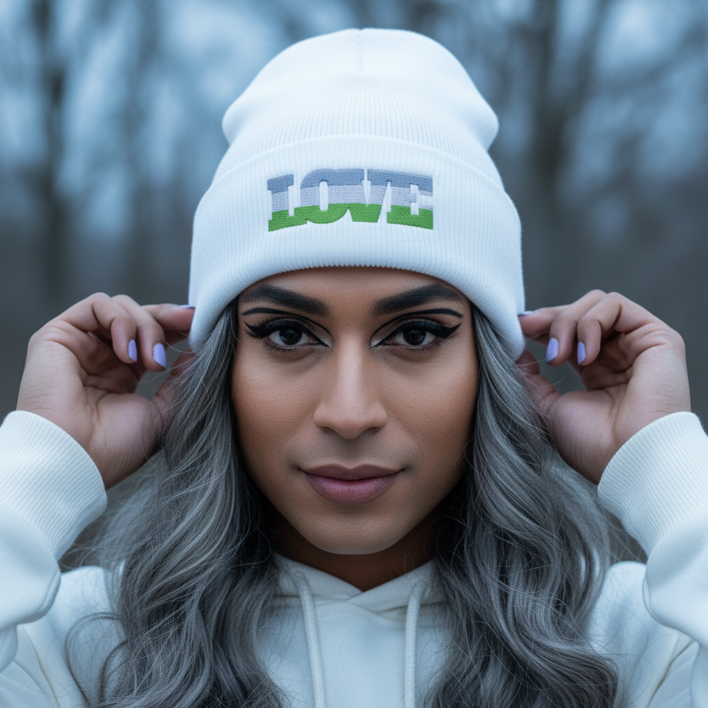 Genderqueer Love Cuffed Beanie in white with “LOVE” embroidered in gray and green