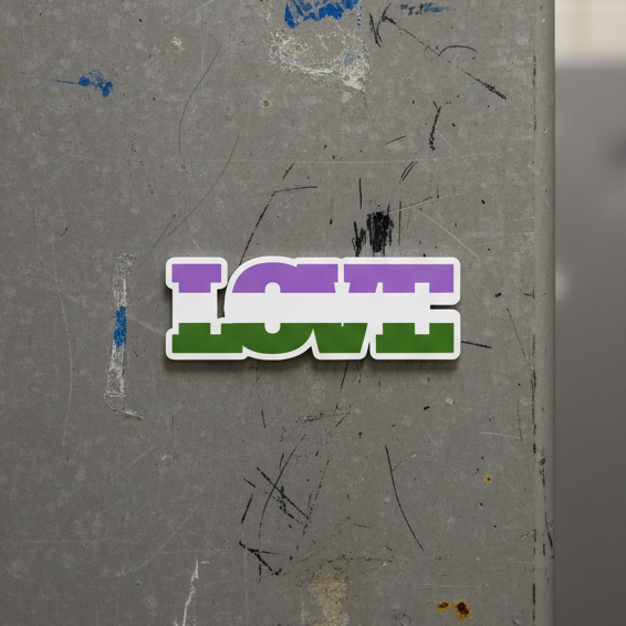 Genderqueer Love Magnet with bold “LOVE” text over lavender, white, and dark green stripes on scratched gray metal