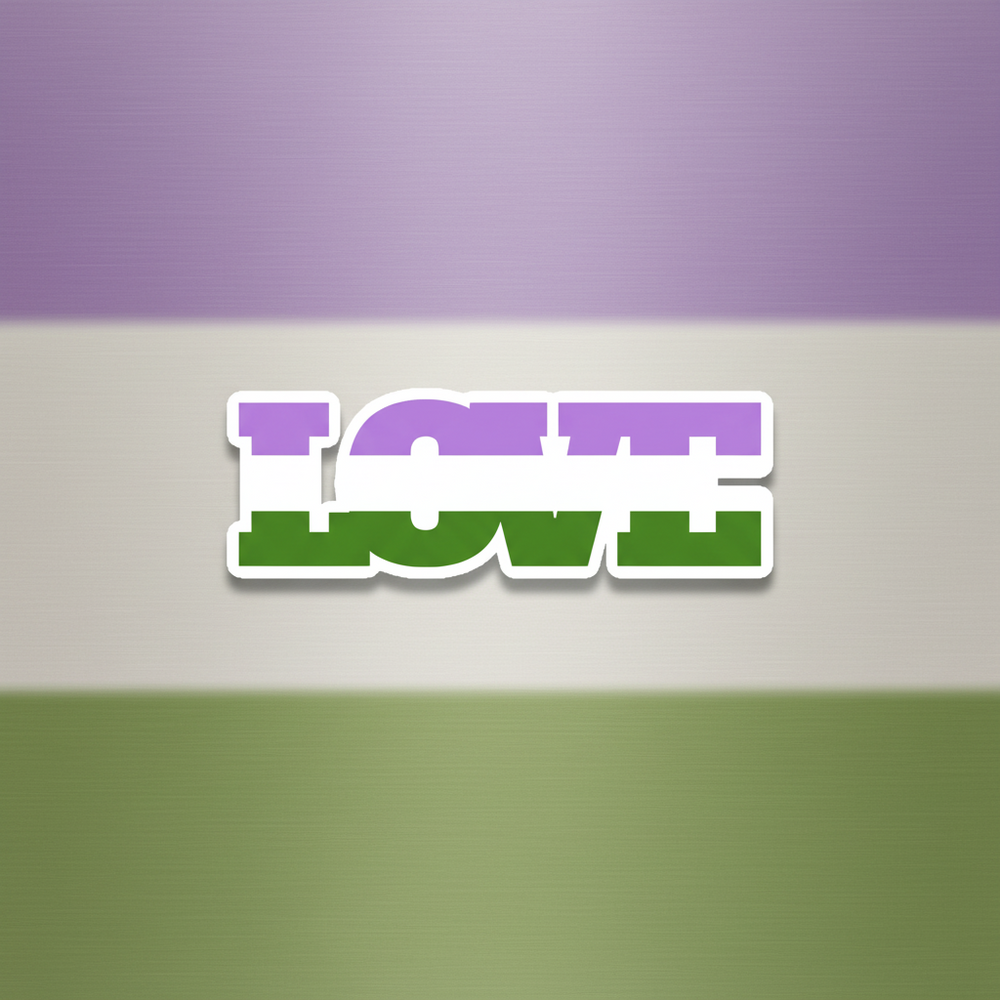 Magnetic vinyl "LOVE" magnet in bold, white-outlined letters filled with genderqueer pride colors
