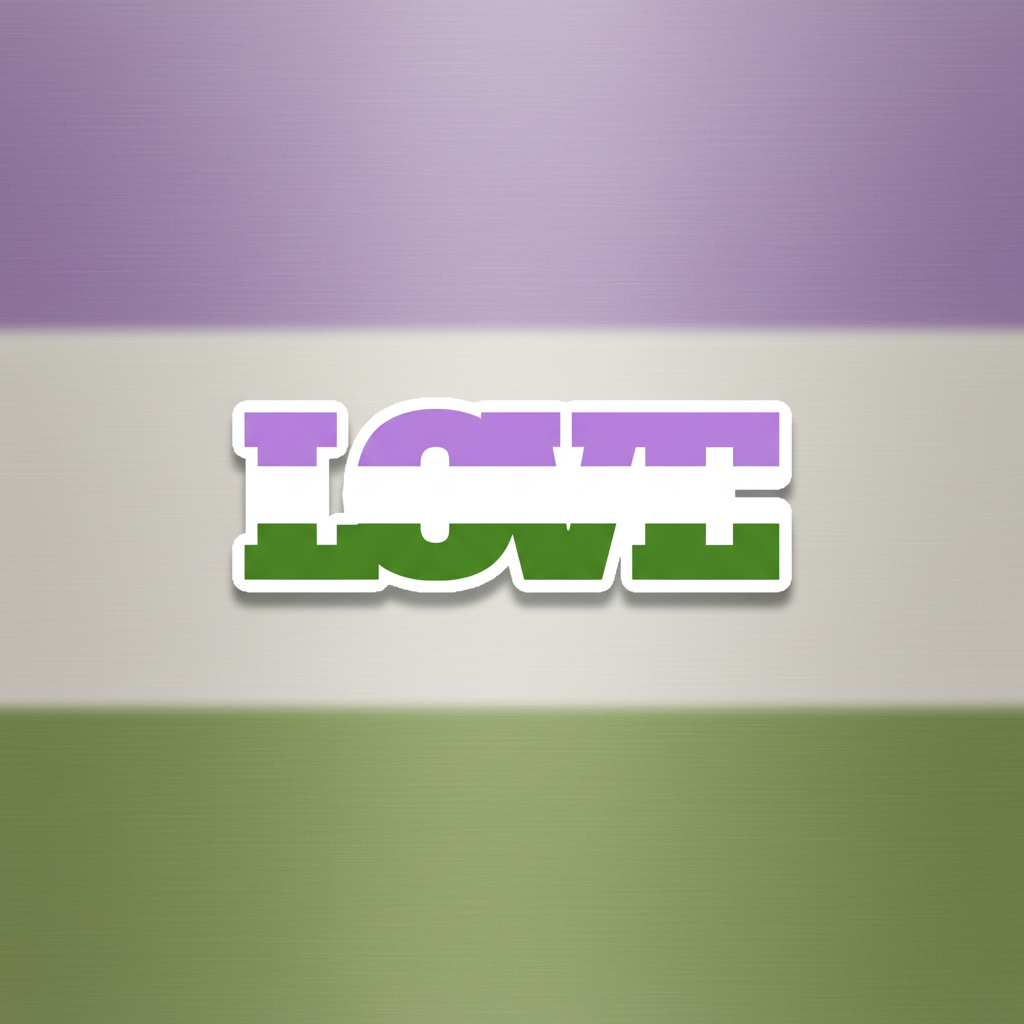 Magnetic vinyl "LOVE" magnet in bold, white-outlined letters filled with genderqueer pride colors