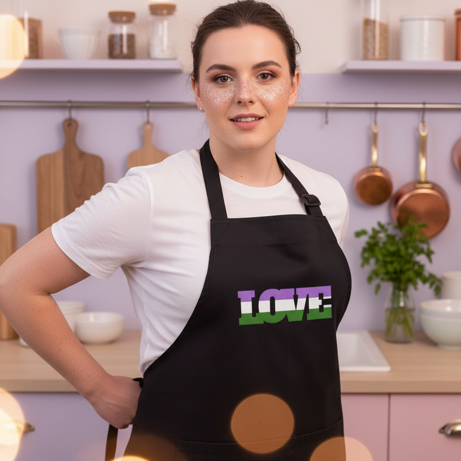 Person modeling a black apron with a lavender, white, and green “LOVE” graphic in a kitchen
