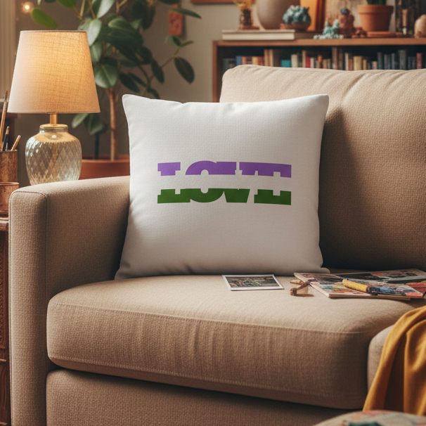 Beige couch with the Genderqueer Love Pillow—“LOVE” in bold purple and green gradient
