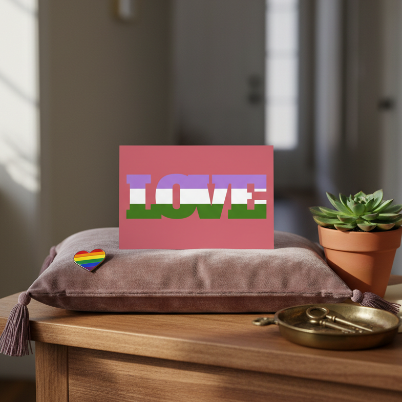 Genderqueer Love Postcard with “LOVE” in pride flag colors on mauve, plus rainbow heart pin, succulent