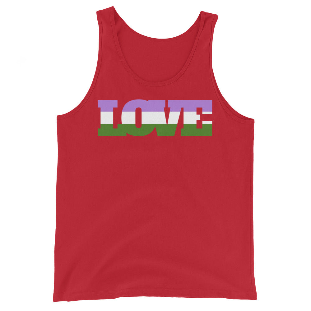 Red tank top with a large multicolor LOVE graphic across the chest
