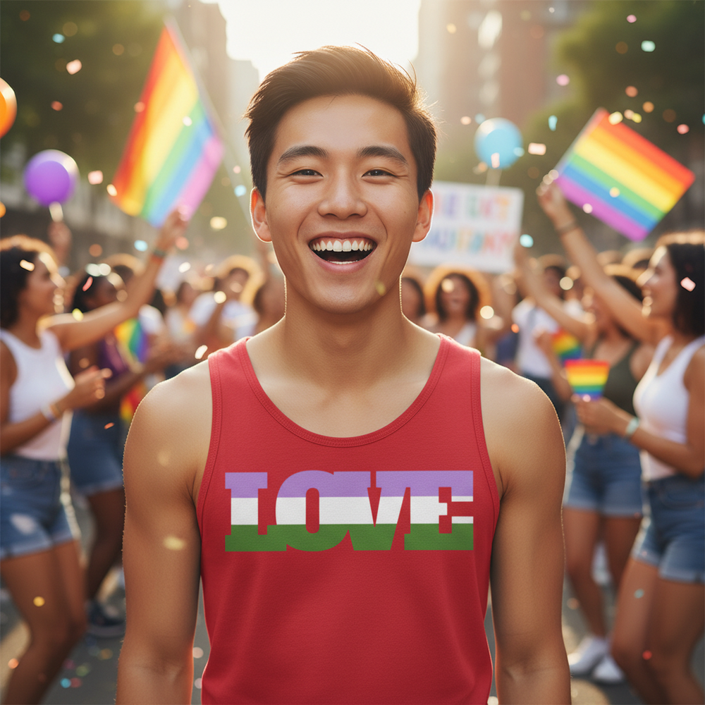 Smiling person wearing a red tank top with LOVE lettering in genderqueer flag colors at a Pride parade
