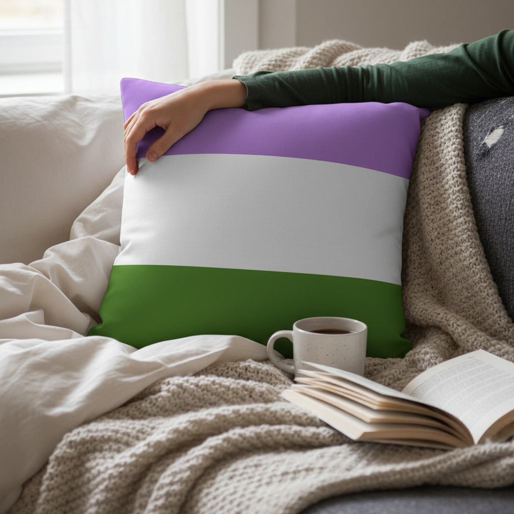 Genderqueer Premium Pillow with purple, white, and green stripes on a sofa; person relaxing