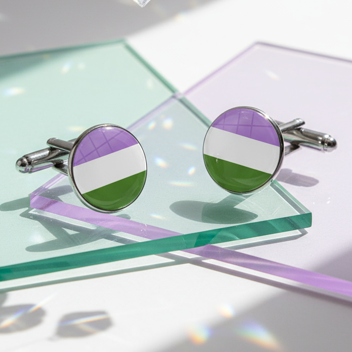 Pair of round genderqueer pride cufflinks with purple, white, and green bands on glass