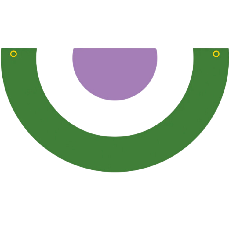 Single green curved bunting flag with a purple semicircle and yellow-rimmed holes